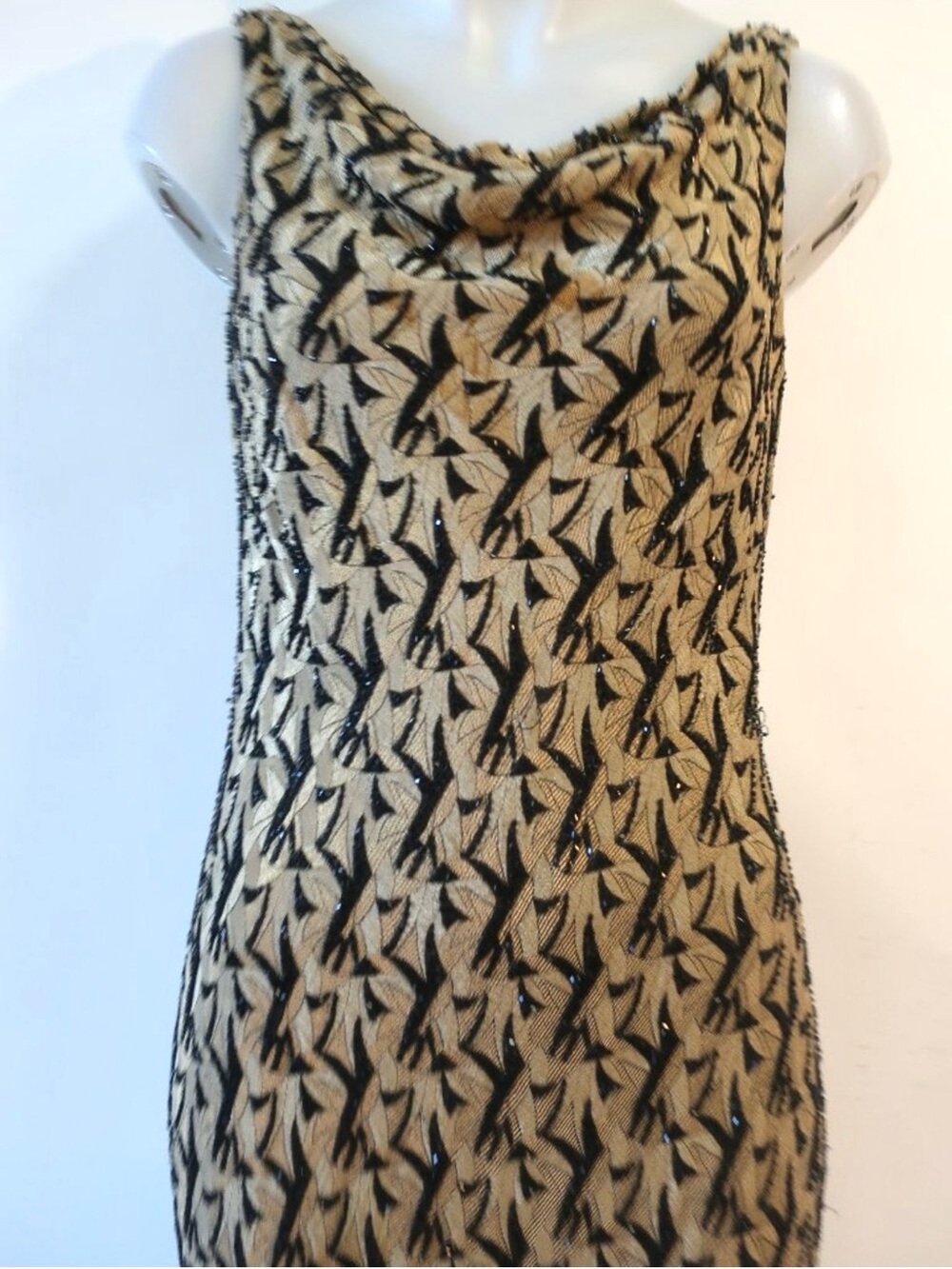 Carmen Marc Valvo Signature Beaded Cowl Neck Gown Taupe Tan Black Size 10 - Picture 3 of 10